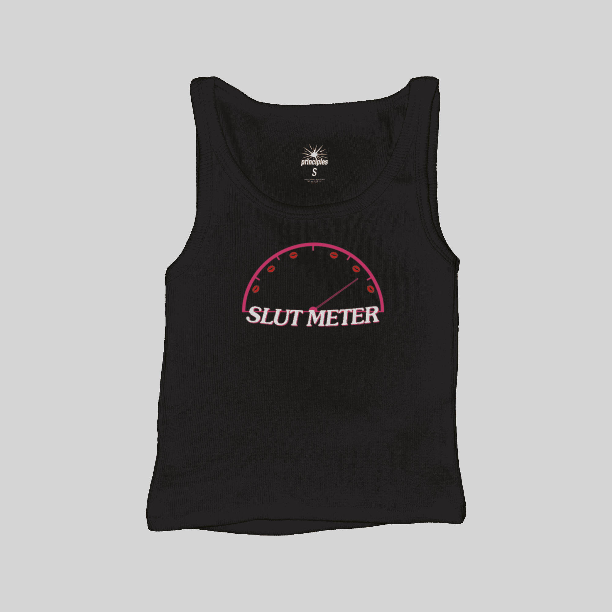 Ribbed muscle tank top in black with “SLUT METER” graphic, sleeveless round neck
