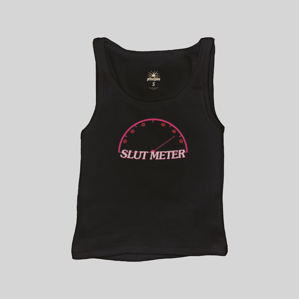 Black ribbed tank top with "SLUT METER" gauge graphic