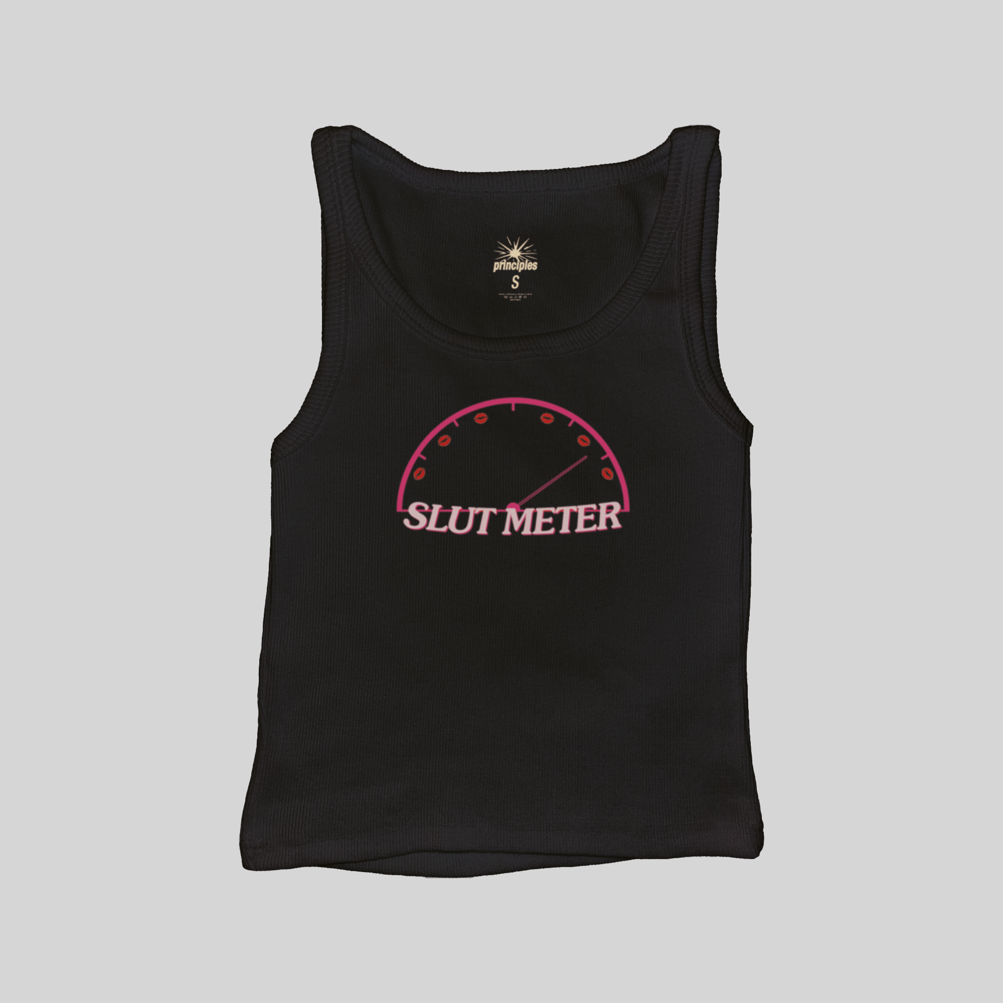 Black ribbed tank top with "SLUT METER" gauge graphic