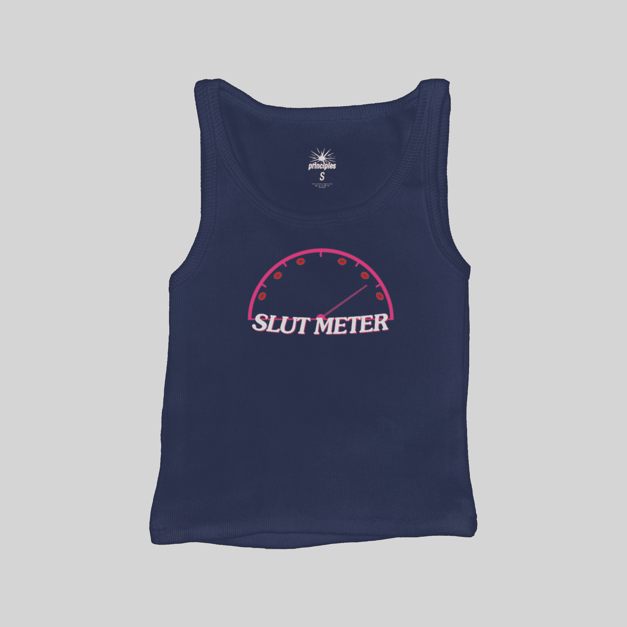 Ribbed muscle tank top in navy with “SLUT METER” graphic, sleeveless round neck