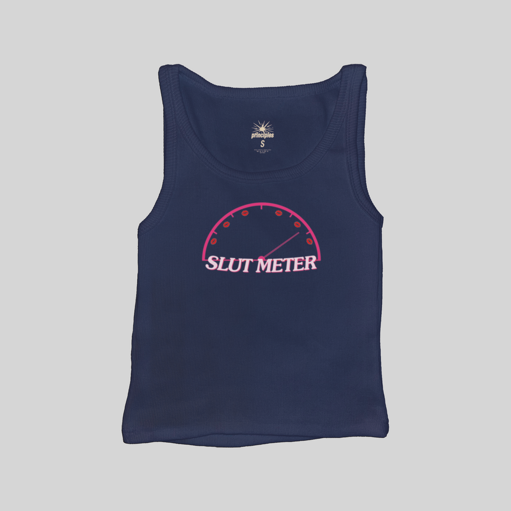Navy ribbed tank top with "SLUT METER" gauge graphic