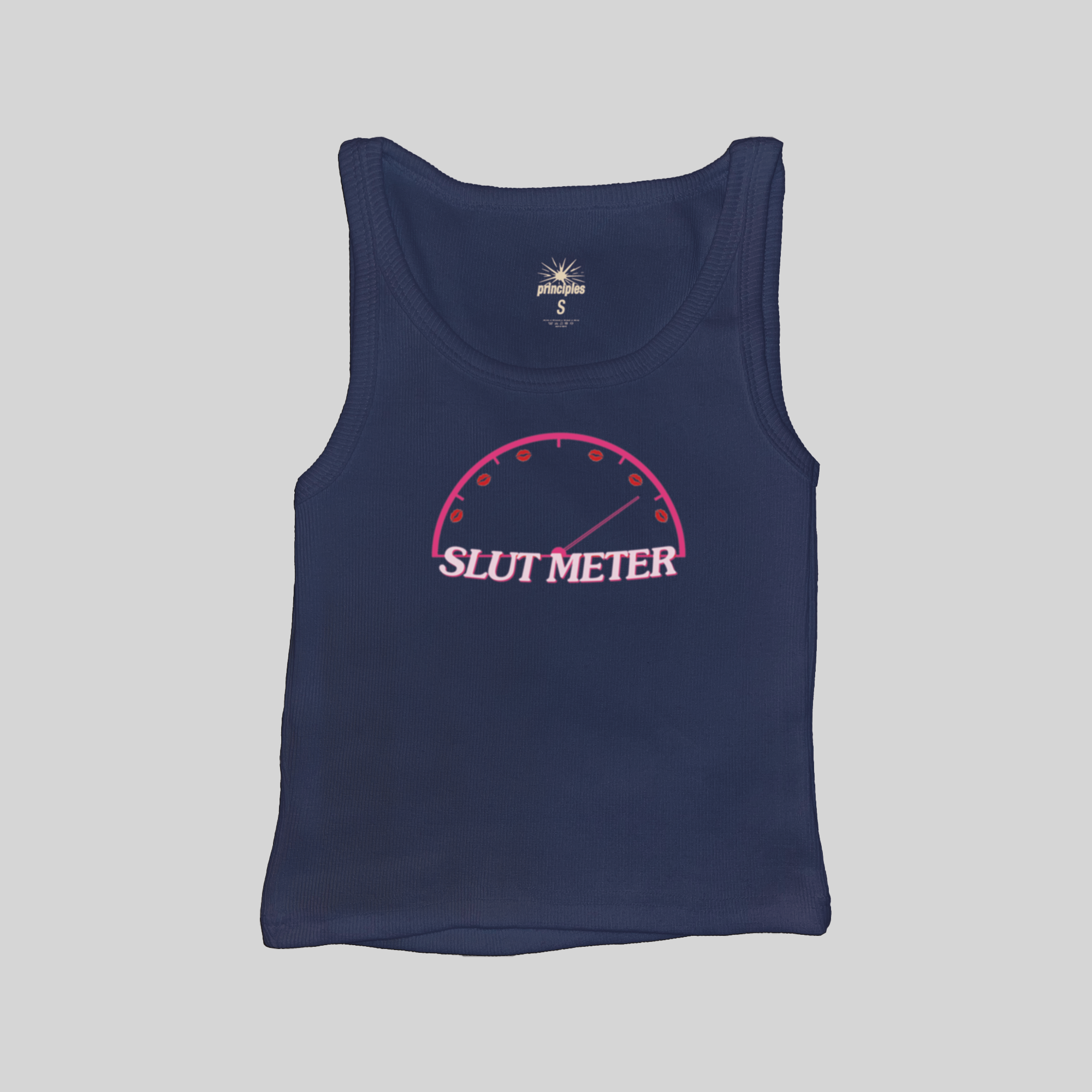 Navy ribbed tank top with "SLUT METER" gauge graphic