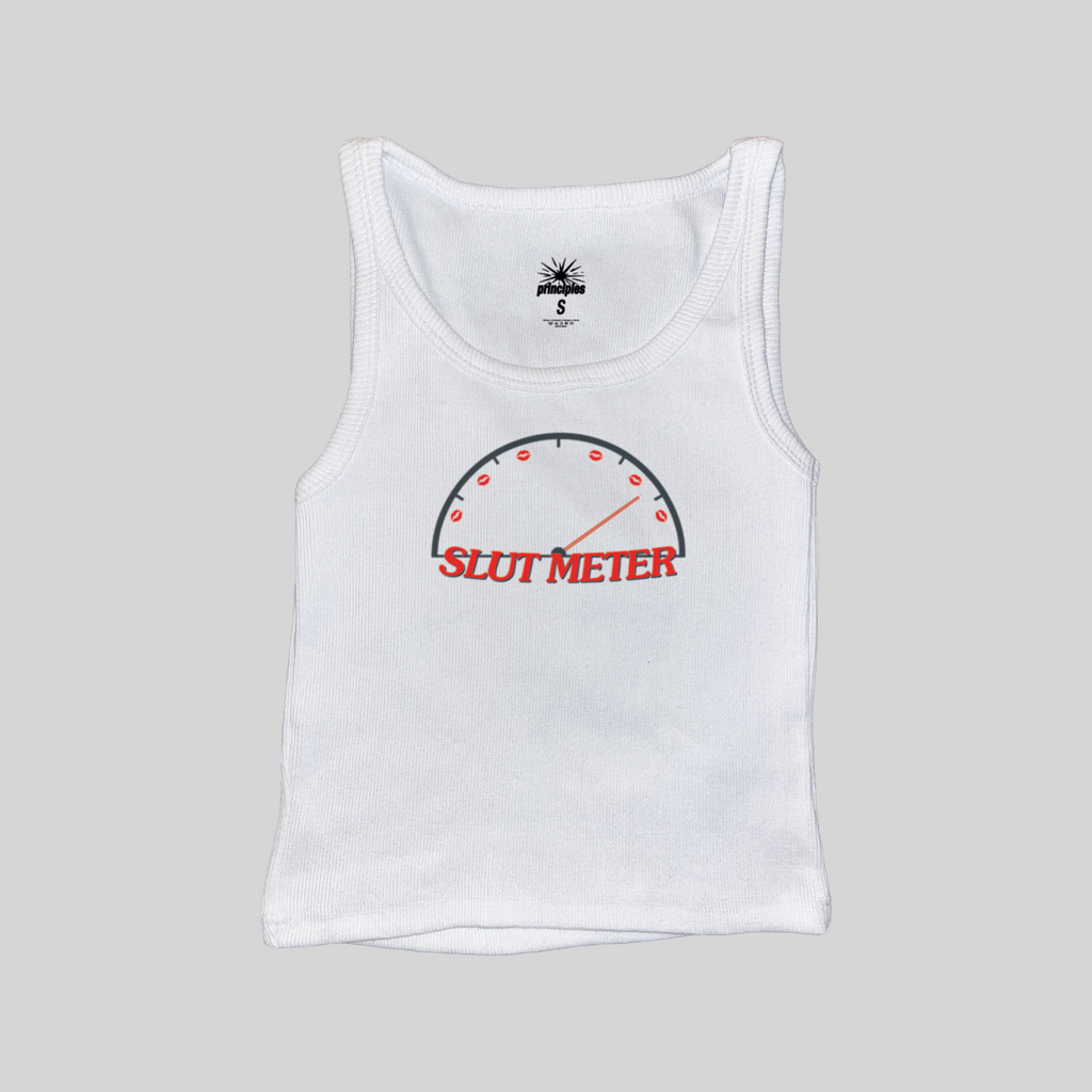 White ribbed tank top with "SLUT METER" gauge graphic
