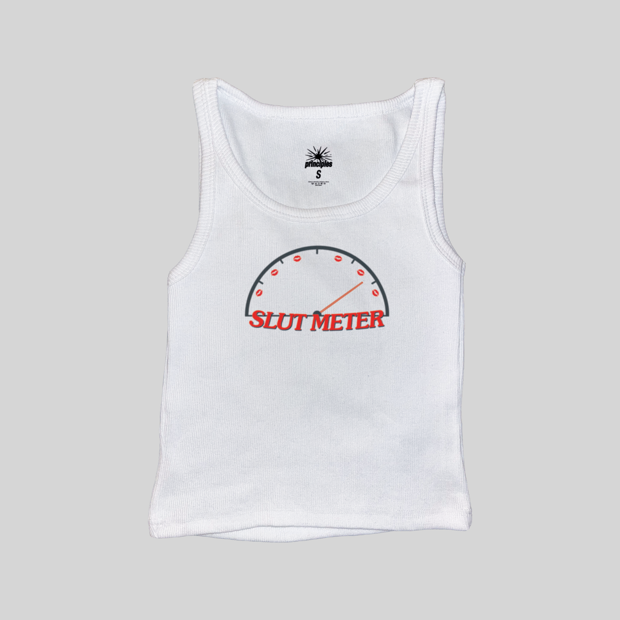 White ribbed tank top with "SLUT METER" gauge graphic