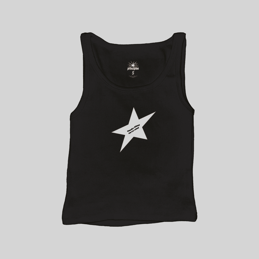 Black ribbed muscle tank top flat lay with white star logo graphic