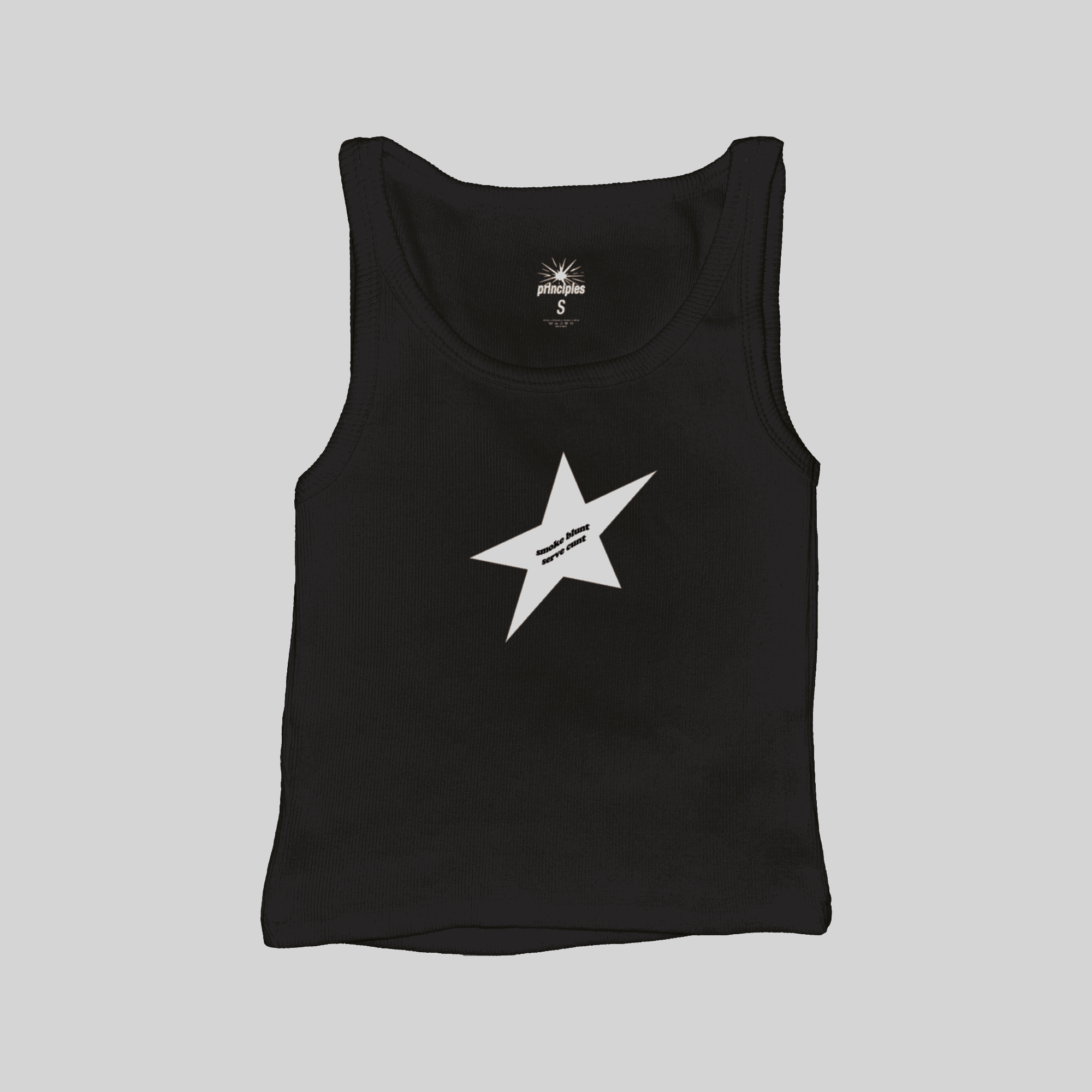 Black ribbed muscle tank top flat lay with white star logo graphic