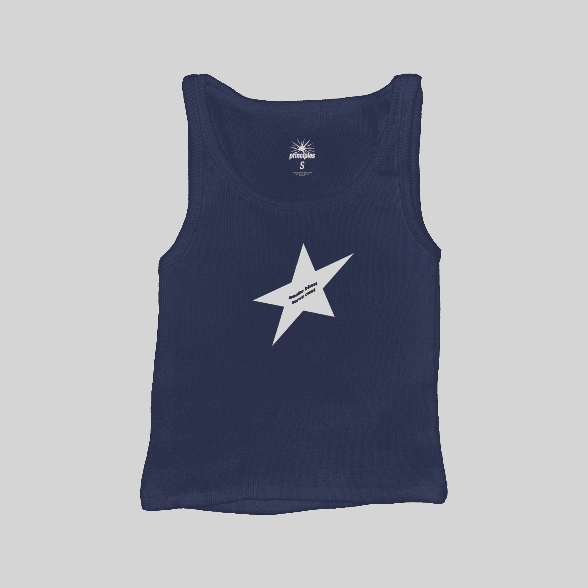 Navy blue ribbed muscle tank top flat lay with white star logo graphic