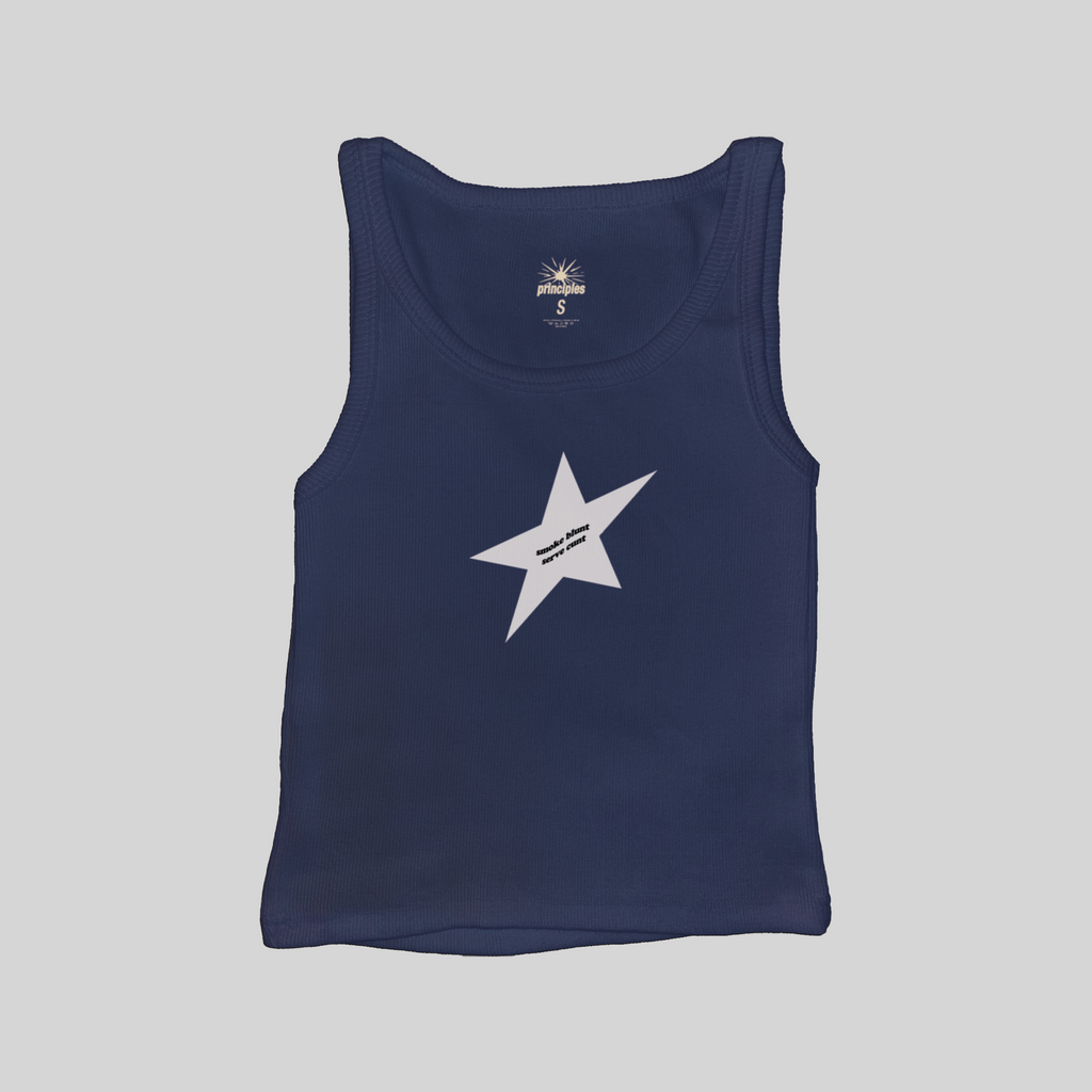 navy blue ribbed tank top with black star graphic and smoke blunt serve cunt text edgy y2k aesthetic tank minimalist star design soft grunge outfit indie sleaze fashion streetwear inspired baby tank cool girl aesthetic alternative fashion trendy fitted tank top tumblr style graphic top brat aesthetic rebellious statement shirt party outfit festival outfit downtown girl style gen z fashion aesthetic clothing gift for her edgy casual look