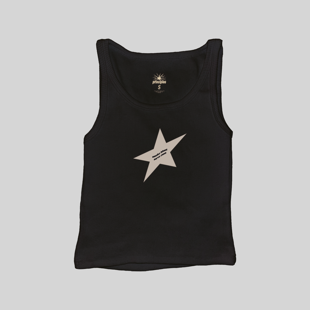 black ribbed tank top with black star graphic and smoke blunt serve cunt text edgy y2k aesthetic tank minimalist star design soft grunge outfit indie sleaze fashion streetwear inspired baby tank cool girl aesthetic alternative fashion trendy fitted tank top tumblr style graphic top brat aesthetic rebellious statement shirt party outfit festival outfit downtown girl style gen z fashion aesthetic clothing gift for her edgy casual look