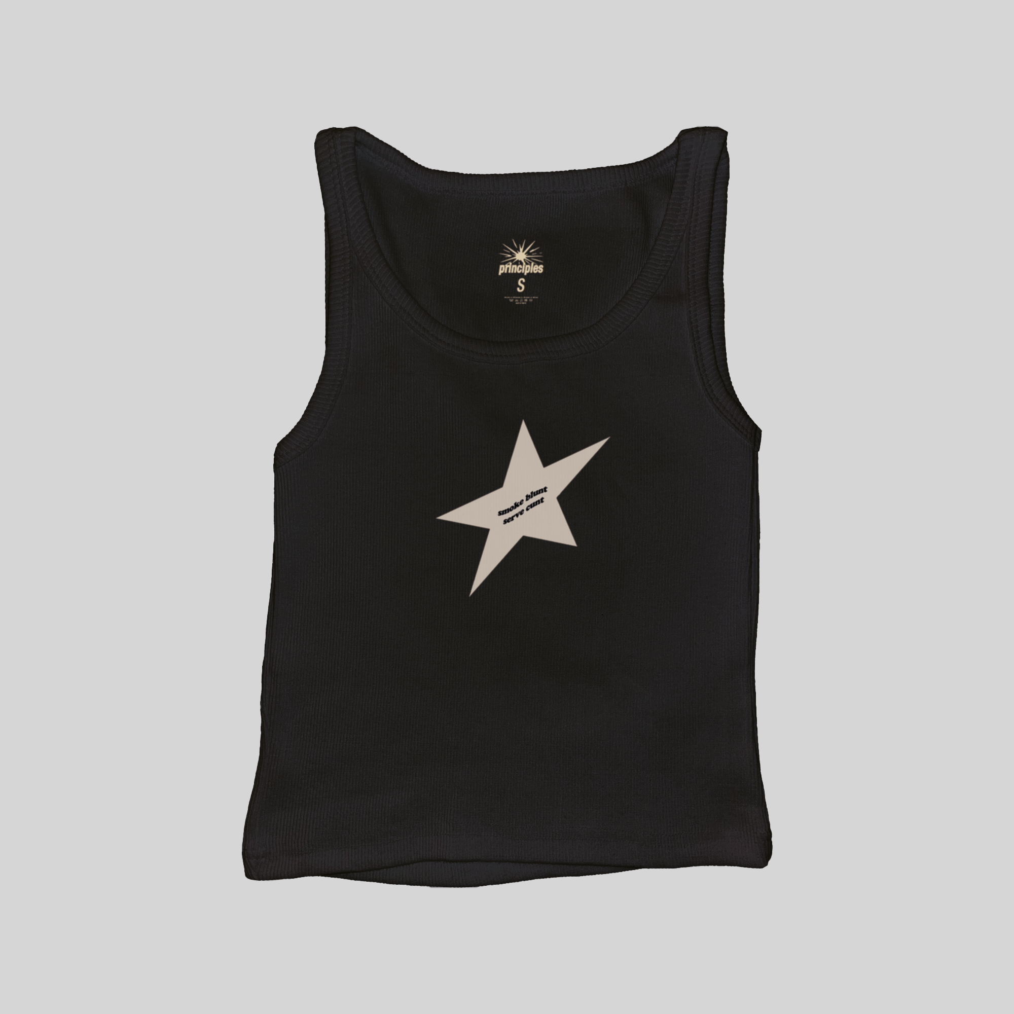 black ribbed tank top with black star graphic and smoke blunt serve cunt text edgy y2k aesthetic tank minimalist star design soft grunge outfit indie sleaze fashion streetwear inspired baby tank cool girl aesthetic alternative fashion trendy fitted tank top tumblr style graphic top brat aesthetic rebellious statement shirt party outfit festival outfit downtown girl style gen z fashion aesthetic clothing gift for her edgy casual look