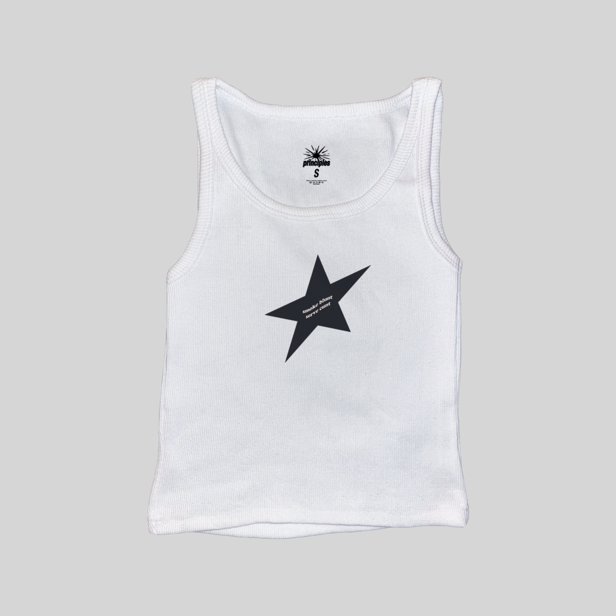 white ribbed tank top with black star graphic and smoke blunt serve cunt text edgy y2k aesthetic tank minimalist star design soft grunge outfit indie sleaze fashion streetwear inspired baby tank cool girl aesthetic alternative fashion trendy fitted tank top tumblr style graphic top brat aesthetic rebellious statement shirt party outfit festival outfit downtown girl style gen z fashion aesthetic clothing gift for her edgy casual look