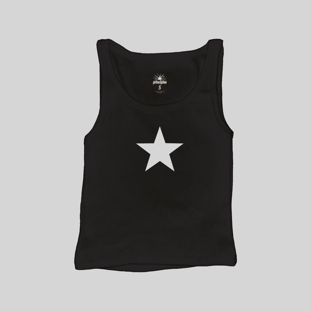 Black star ribbed muscle tank top with scoop neckline