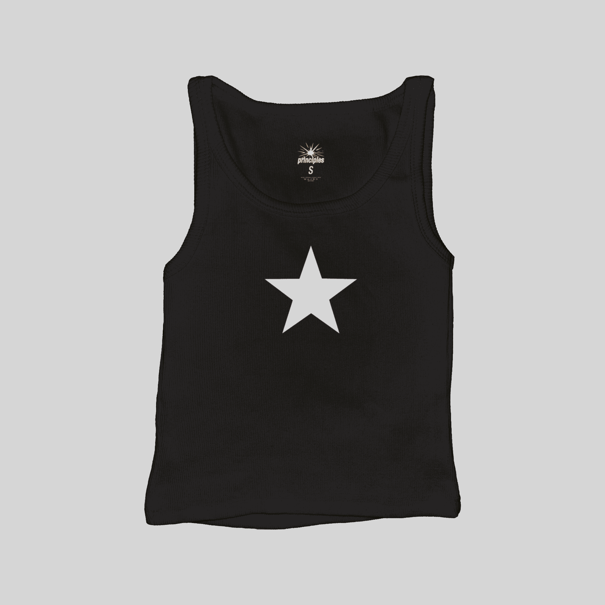 Black star ribbed muscle tank top with scoop neckline