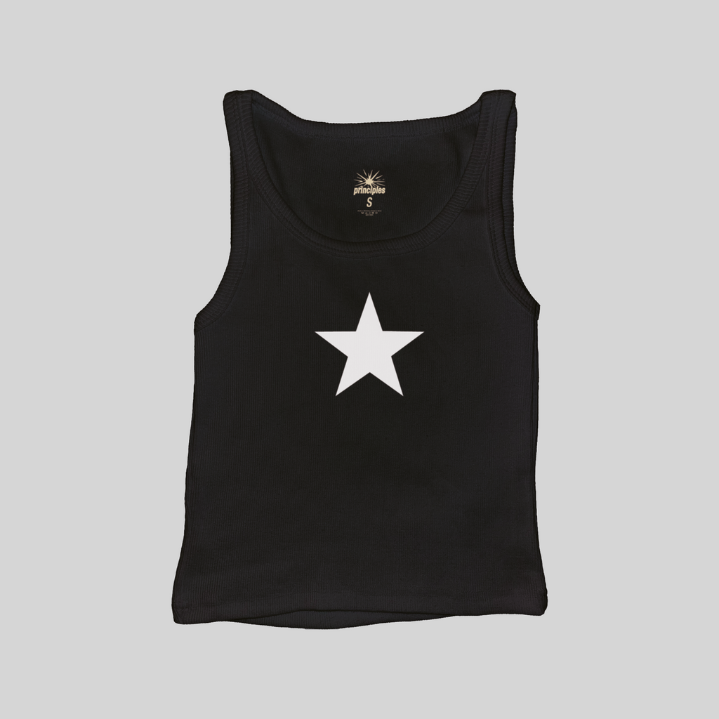 Star ribbed muscle tank top, black with white star print