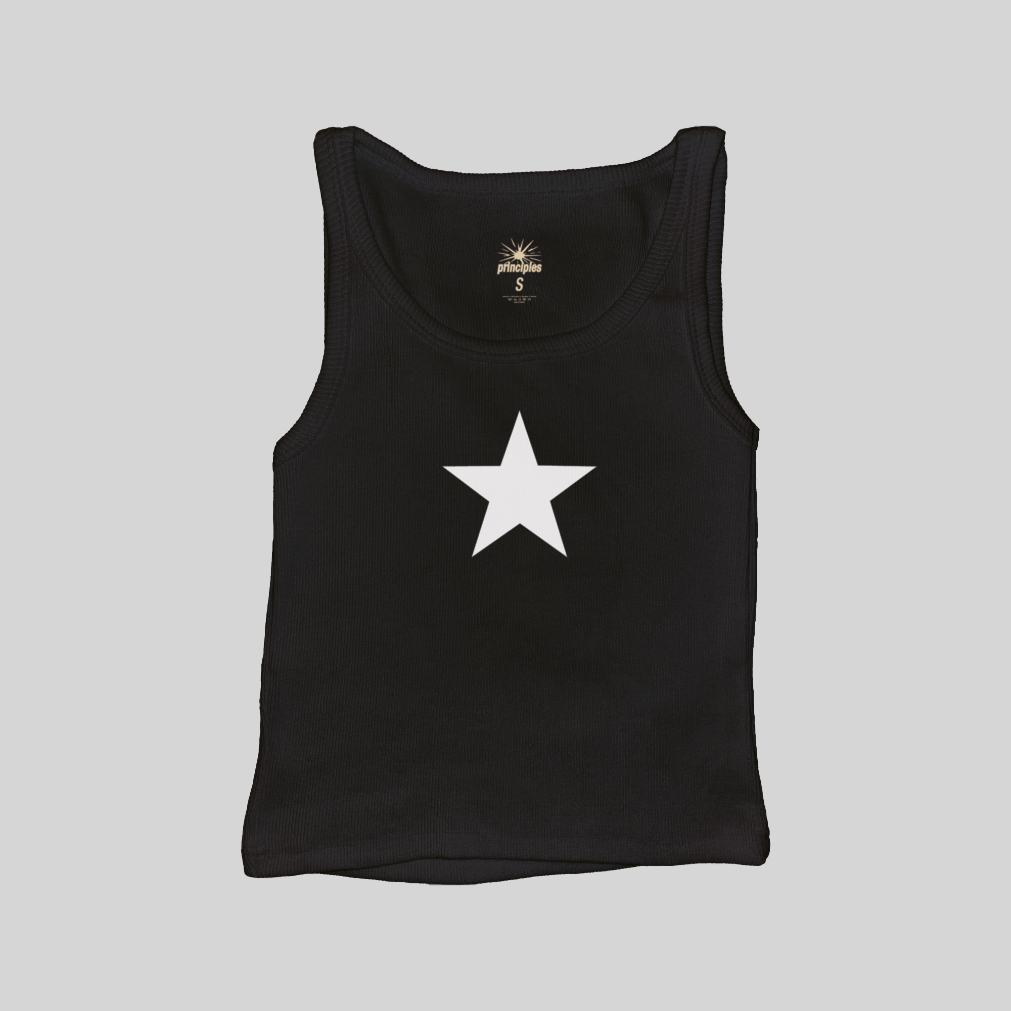 Star ribbed muscle tank top, black with white star print