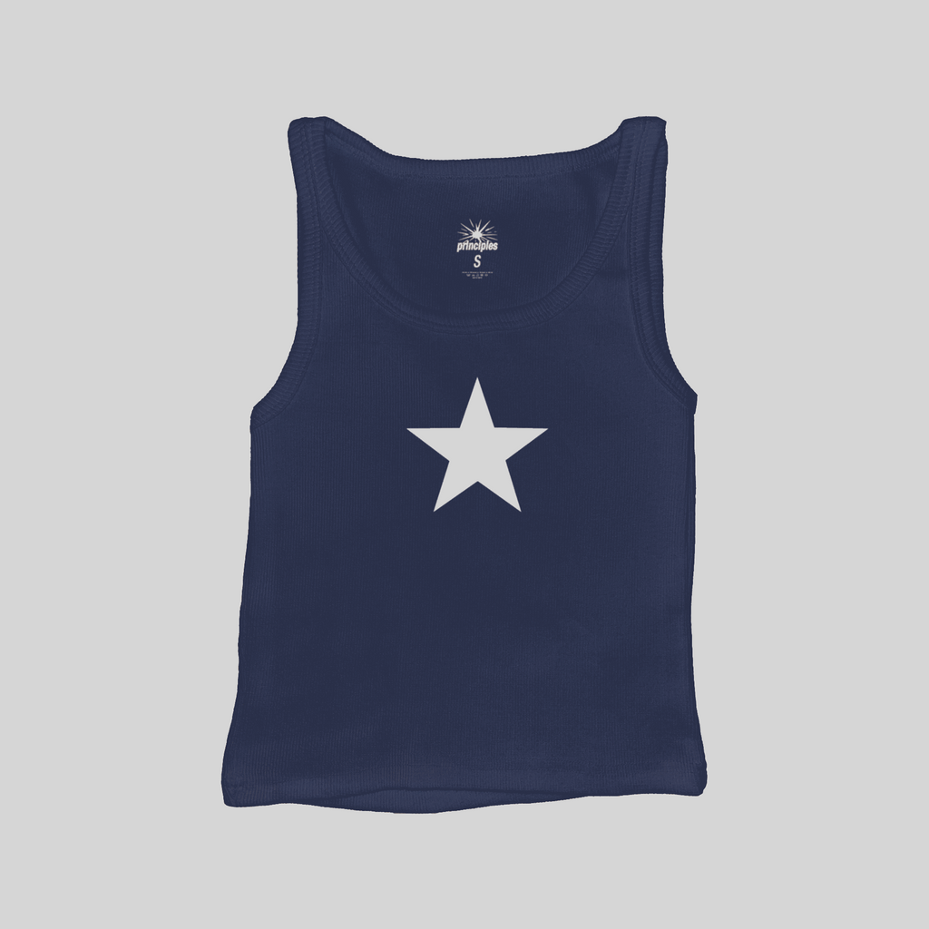 Navy blue star ribbed muscle tank top with scoop neckline