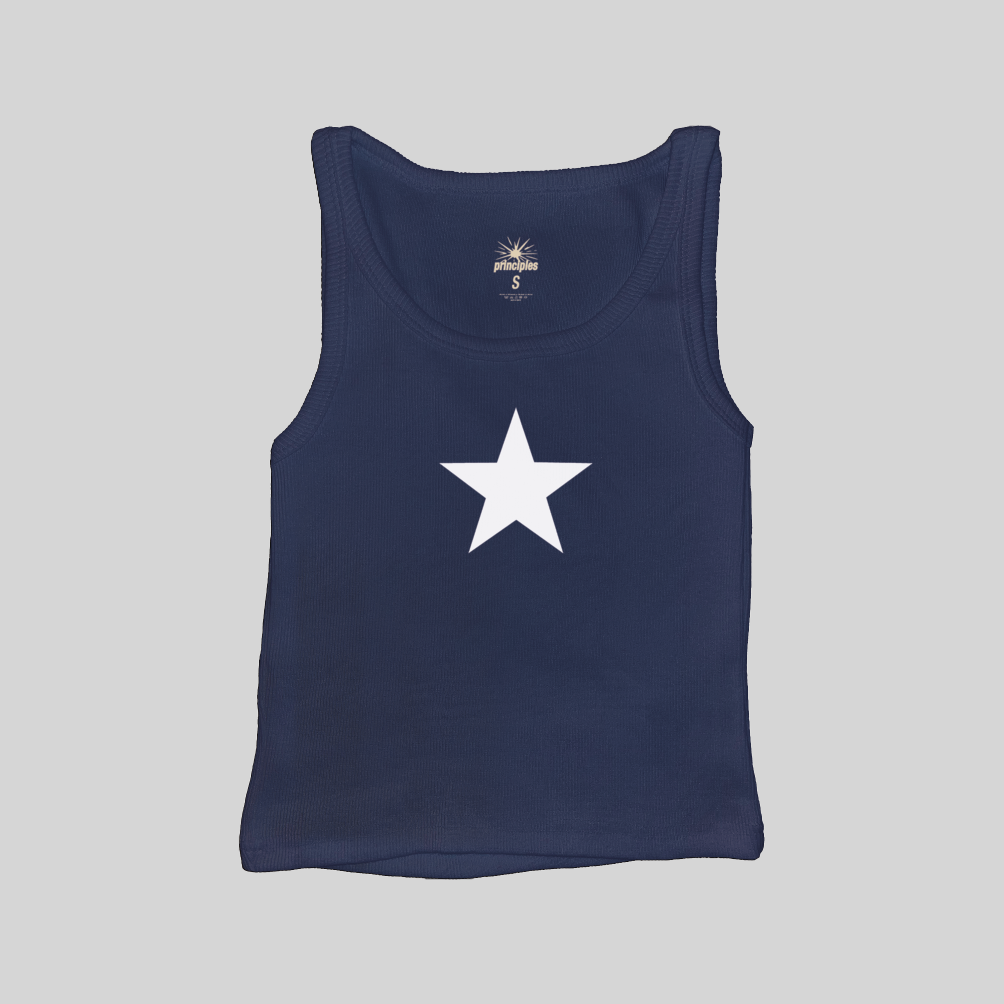 Star ribbed muscle tank top, navy blue with white star print
