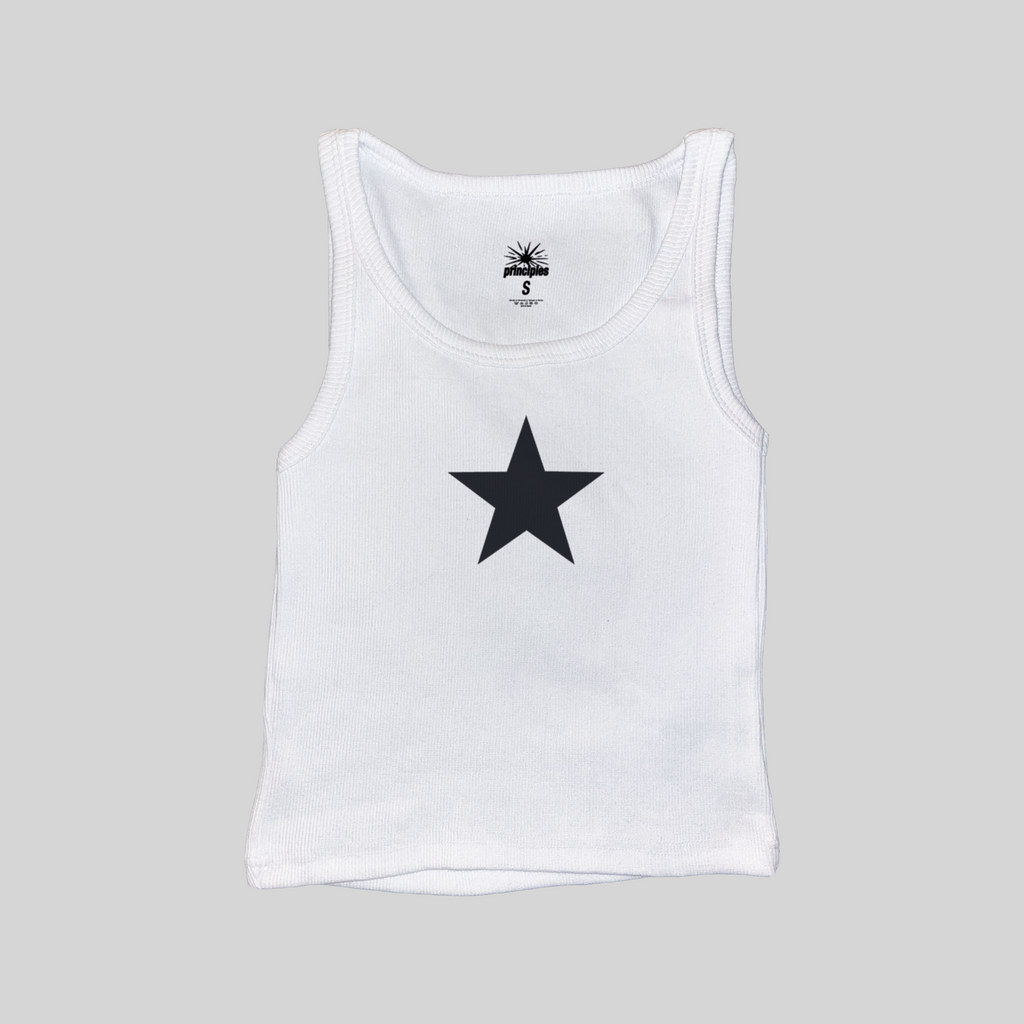 Star ribbed muscle tank top, white with black star print