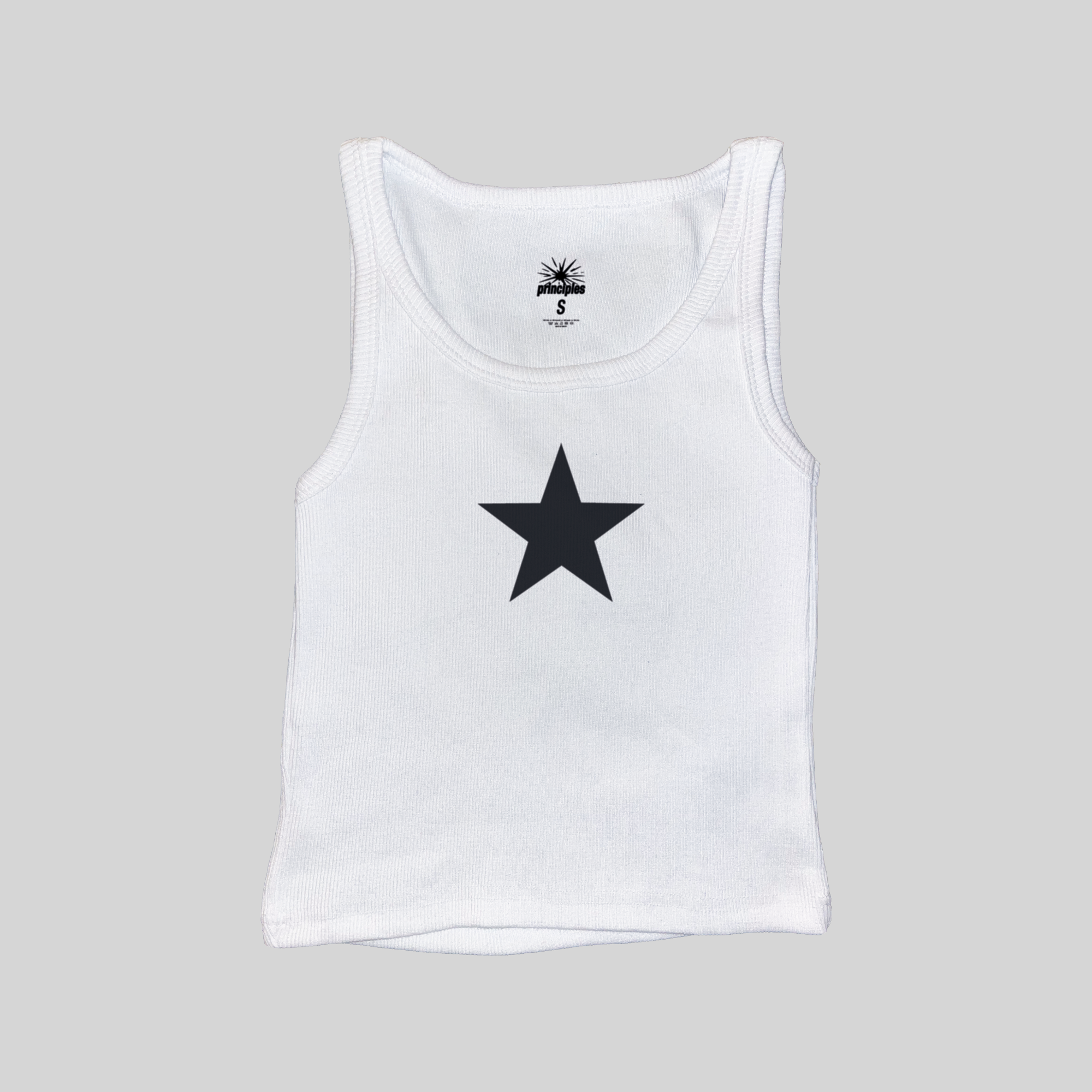Star ribbed muscle tank top, white with black star print