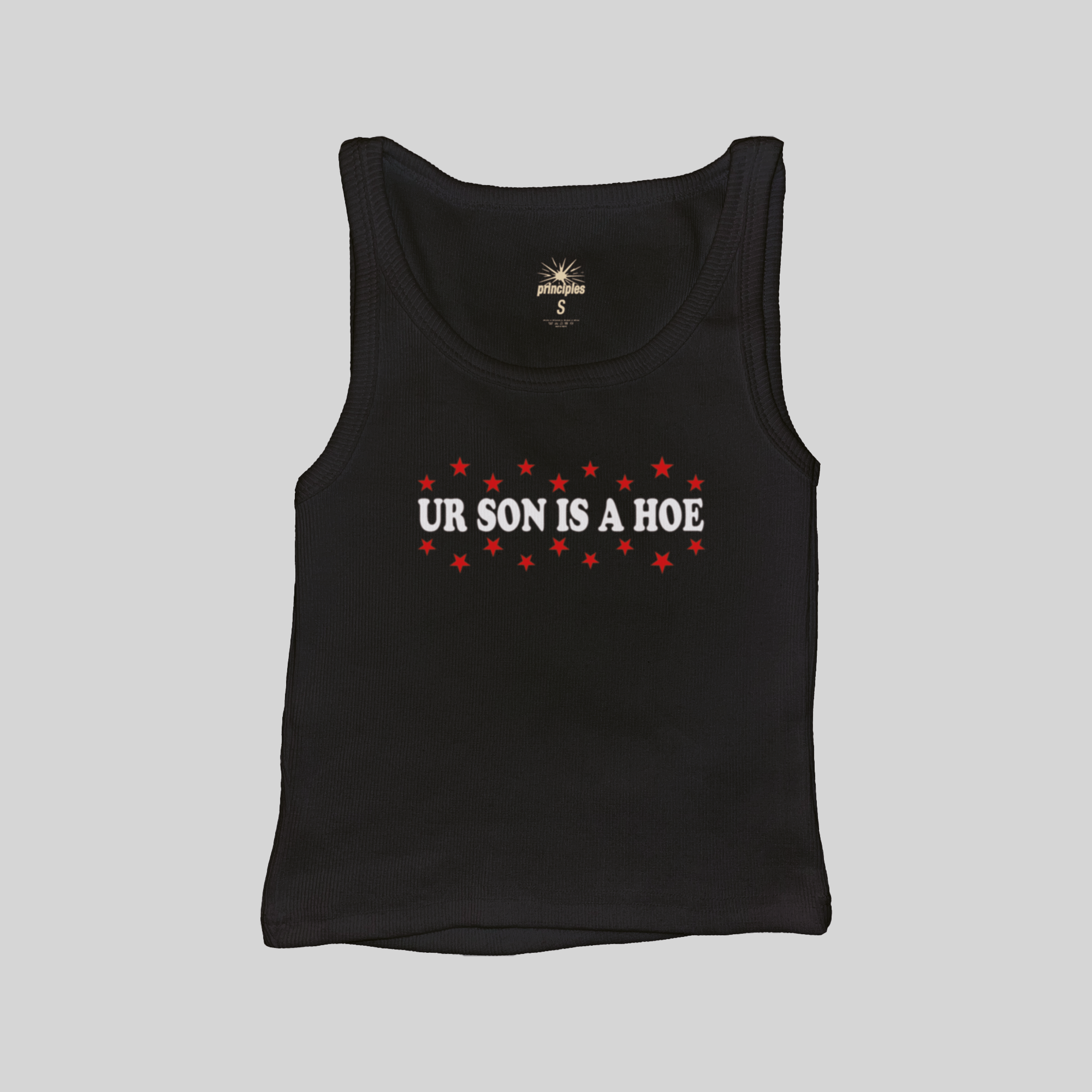 Black muscle tank top with red star graphic and front 'UR SON IS A HOE' print