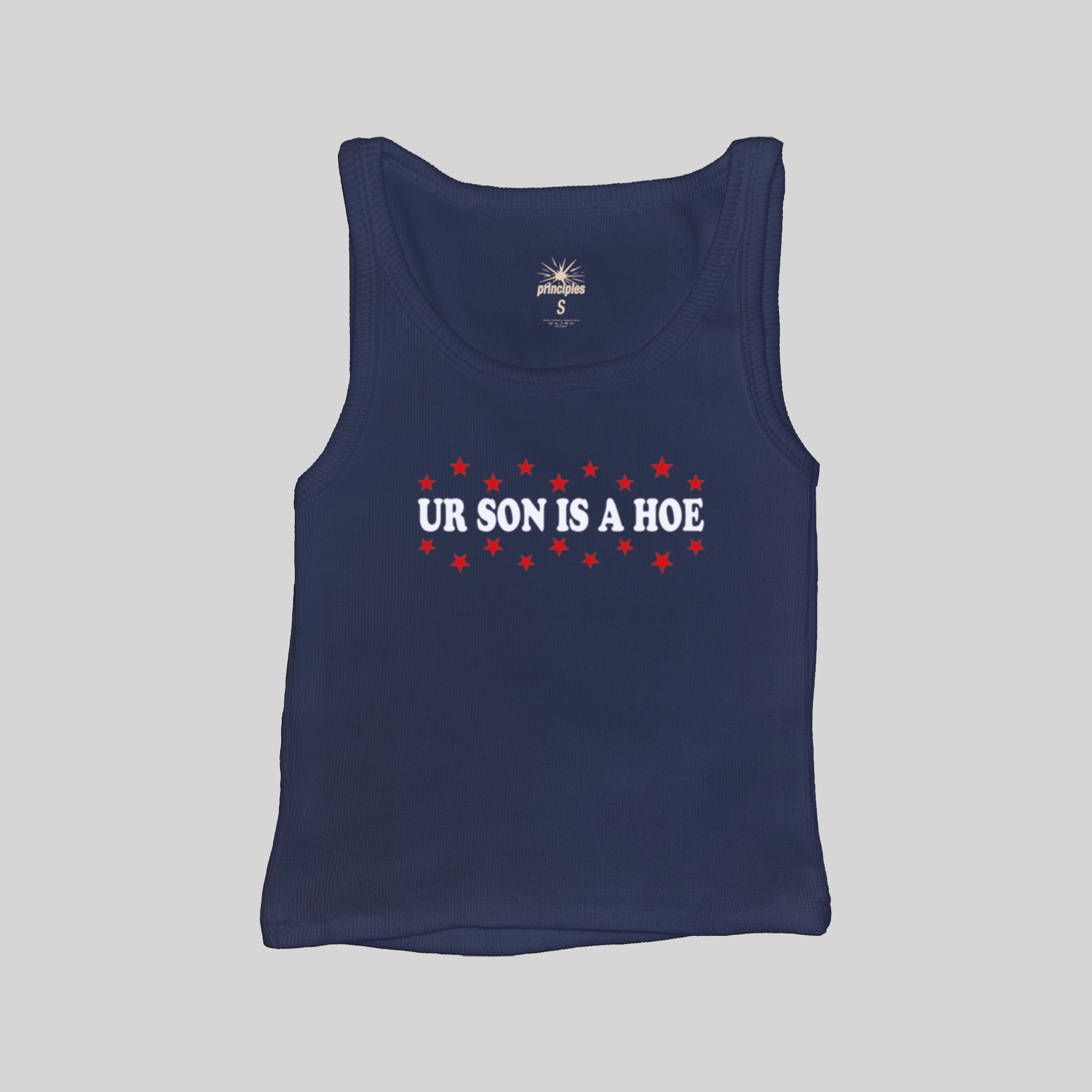 Navy blue muscle tank top with red star graphic and front 'UR SON IS A HOE' print