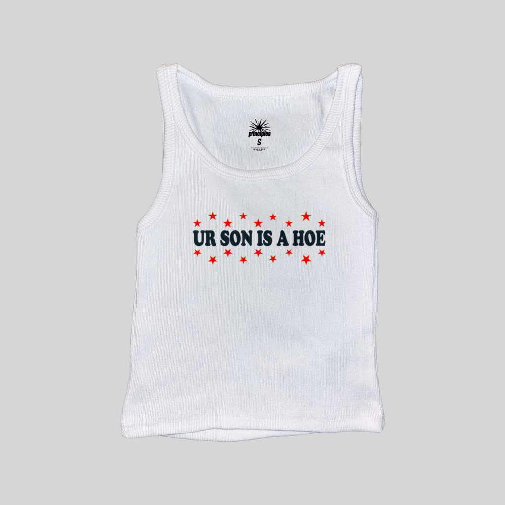 White muscle tank top with red star graphic and bold front text print