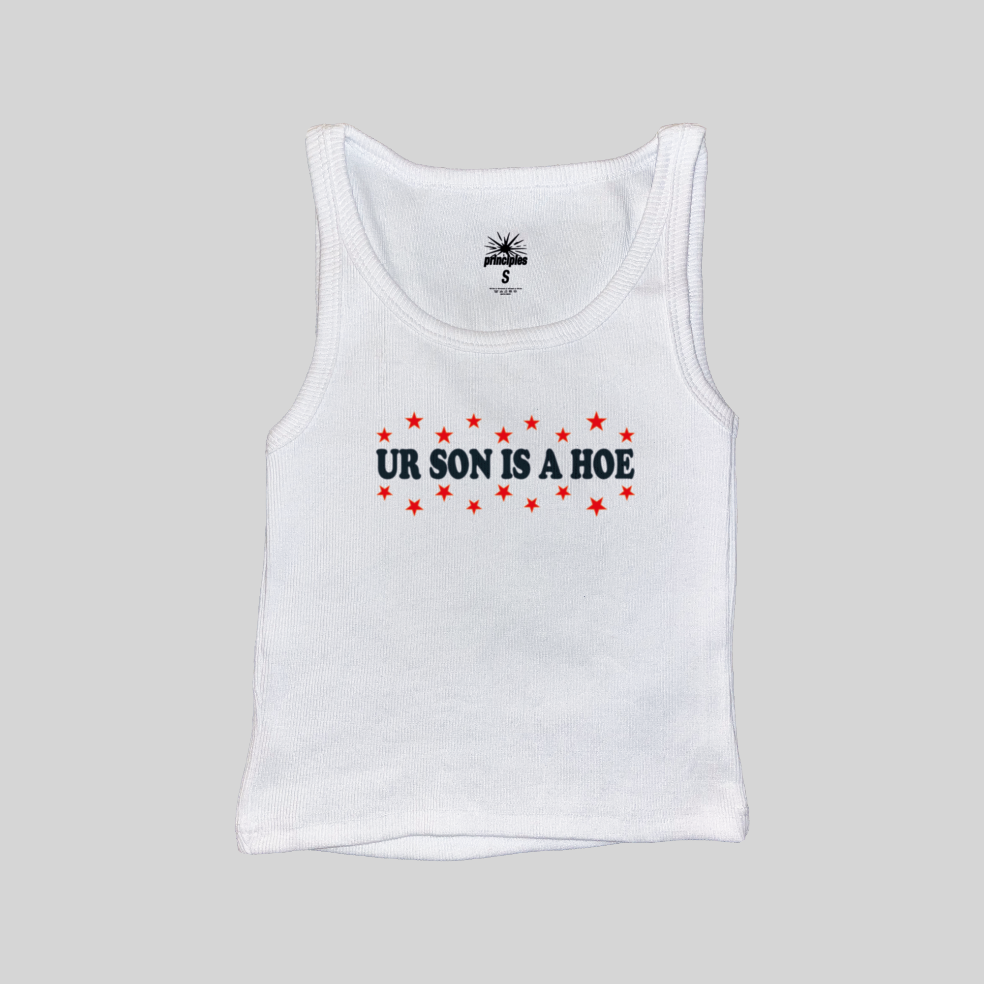 White muscle tank top with red star graphic and bold front text print
