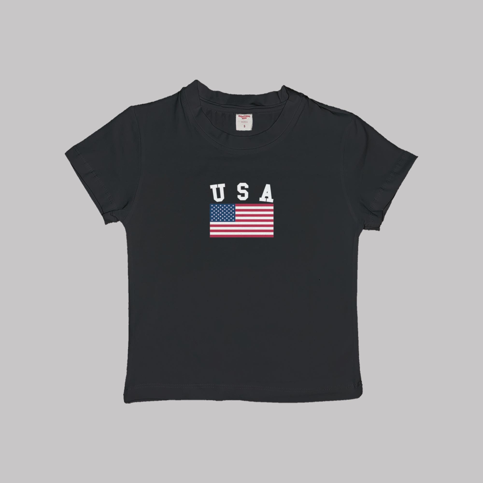 Black baby crop tee with USA flag and USA lettering graphic
