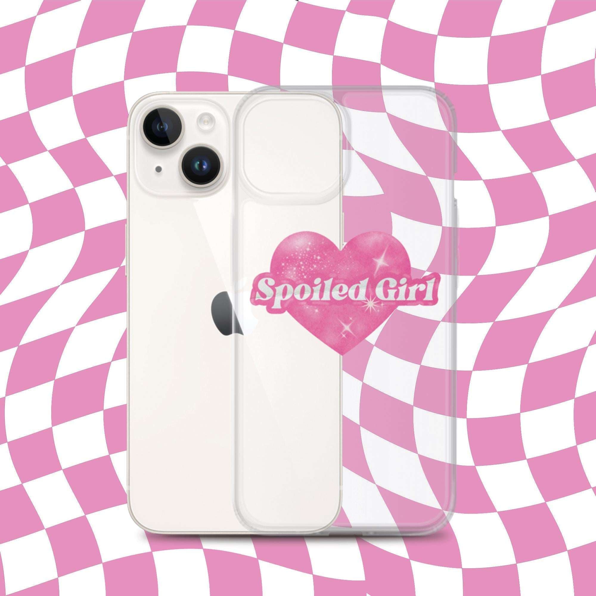 White iPhone case with pink heart and 'Spoiled Girl' on back, camera openings