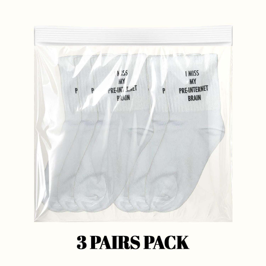 3-pack socks set: white crew socks with 'I Miss My Pre-Internet Brain' print