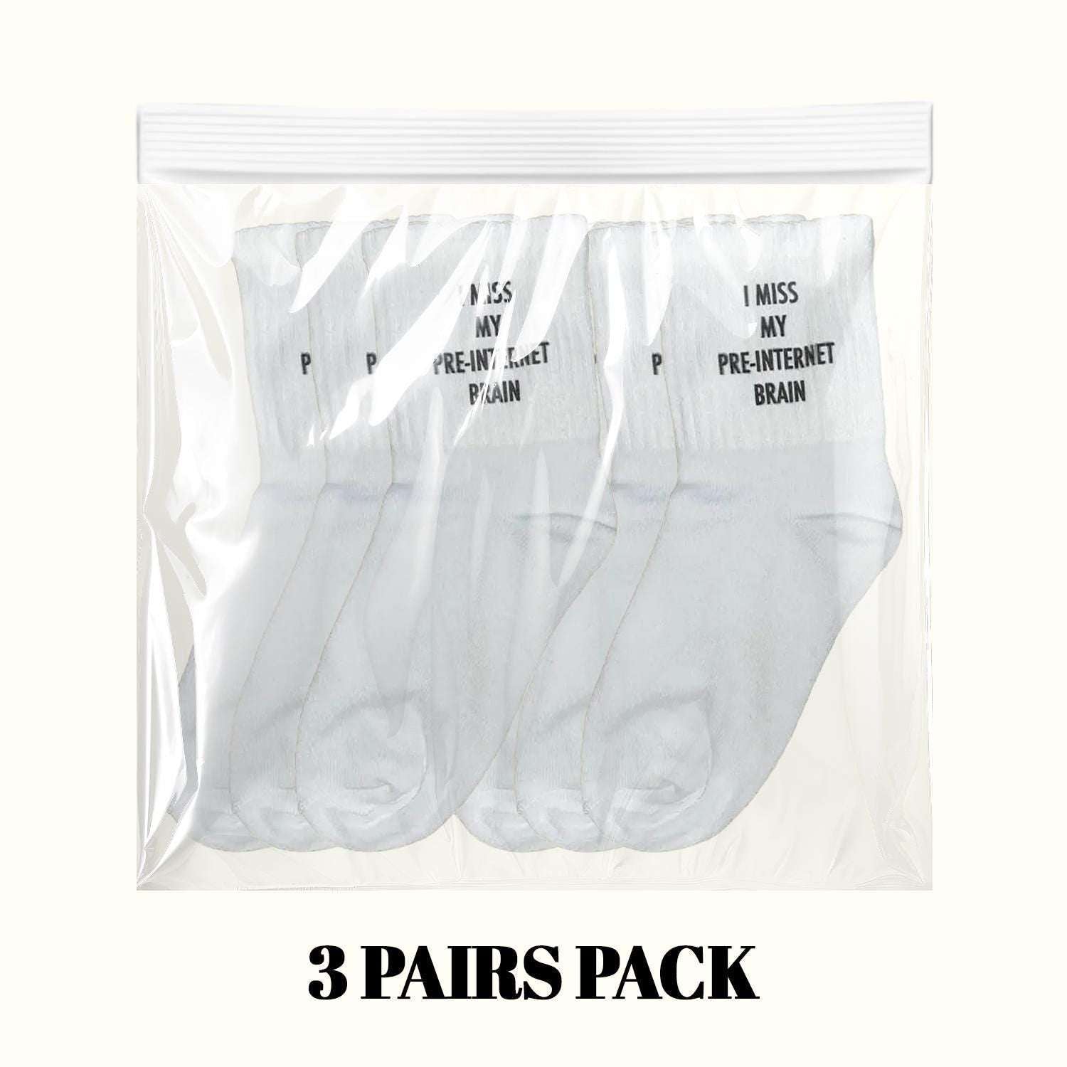 3-pack socks set: white crew socks with 'I Miss My Pre-Internet Brain' print