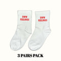 Eww Feelings socks, white with red 'EWW FEELINGS' text, crew length.