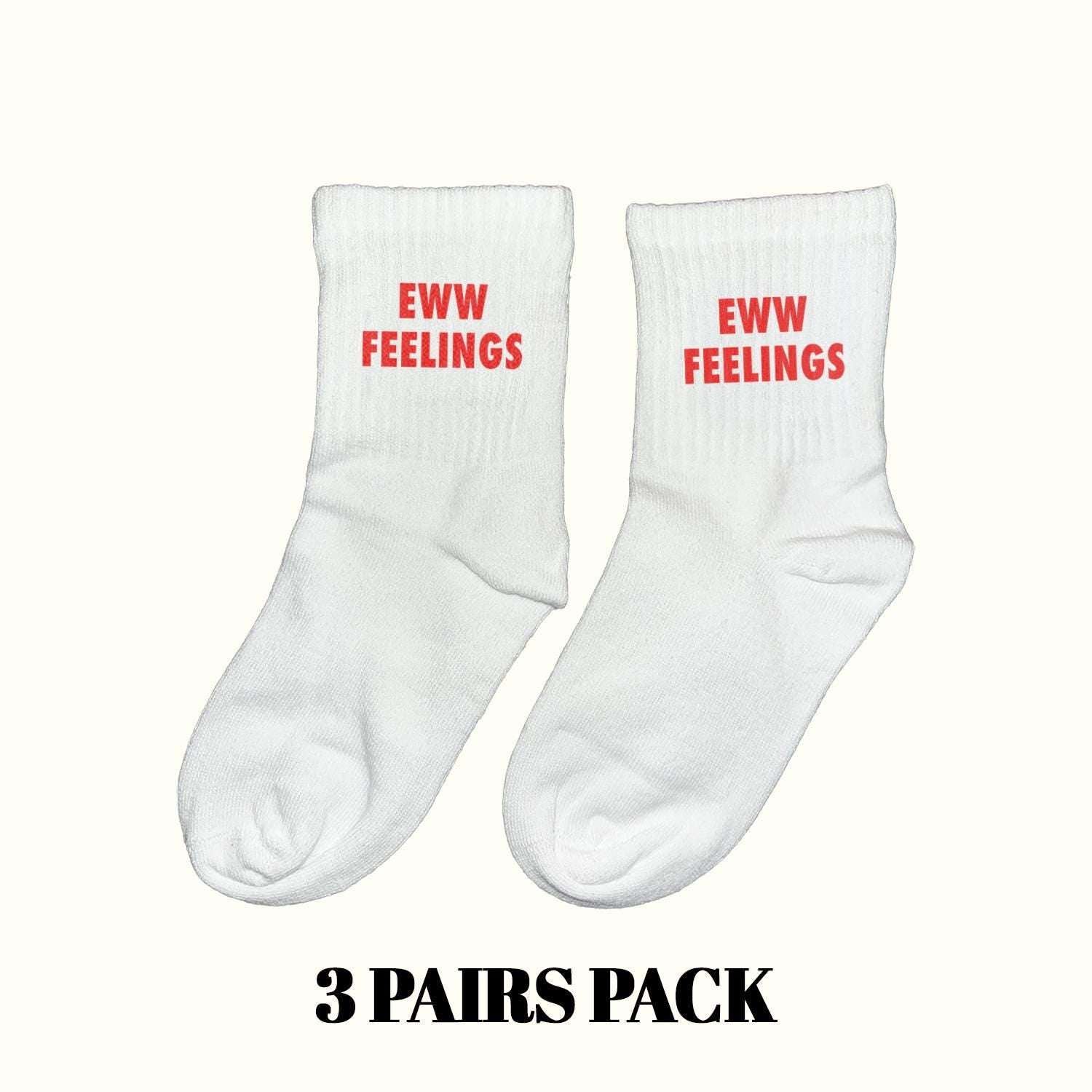 Eww Feelings socks, white with red 'EWW FEELINGS' text, crew length.