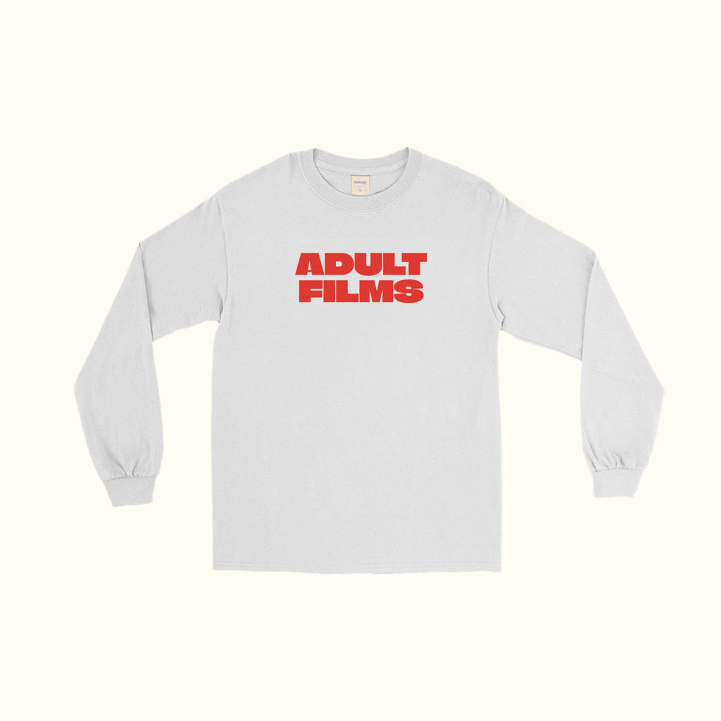 Long-sleeve T-shirt, light gray/white with red “ADULT FILMS” chest print