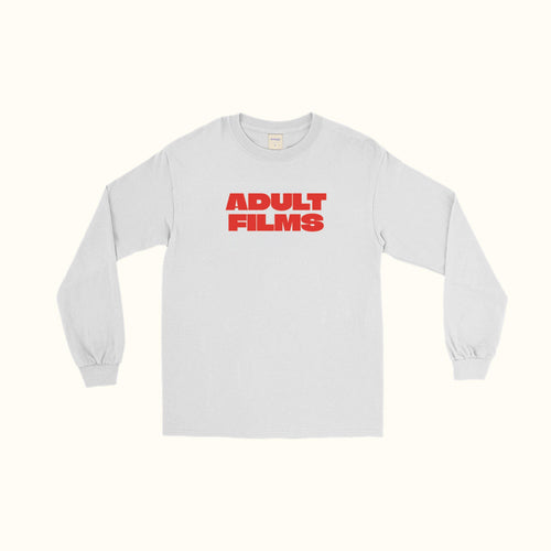 Long-sleeve T-shirt, light gray/white with red “ADULT FILMS” chest print