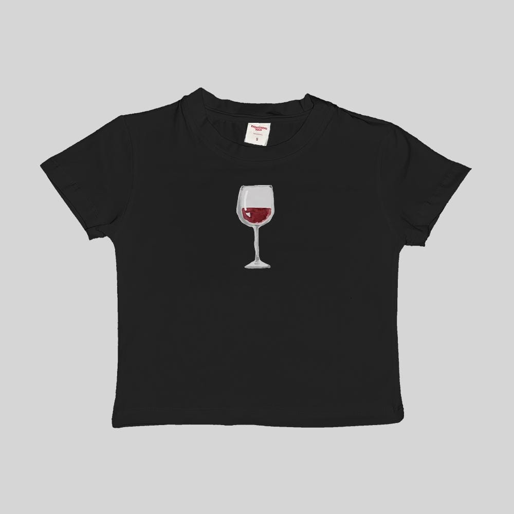 Black cropped baby T-shirt with wine glass graphic on chest