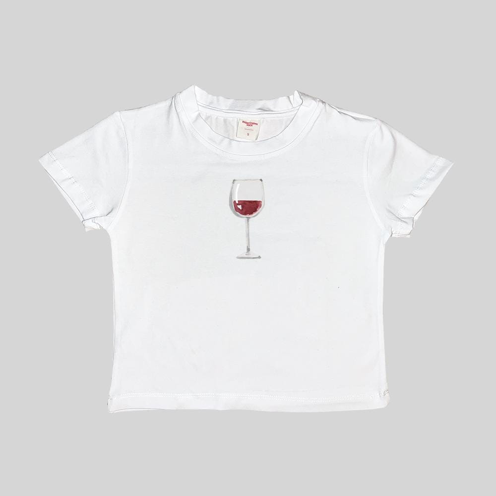 White cropped baby T-shirt with centered wine glass graphic
