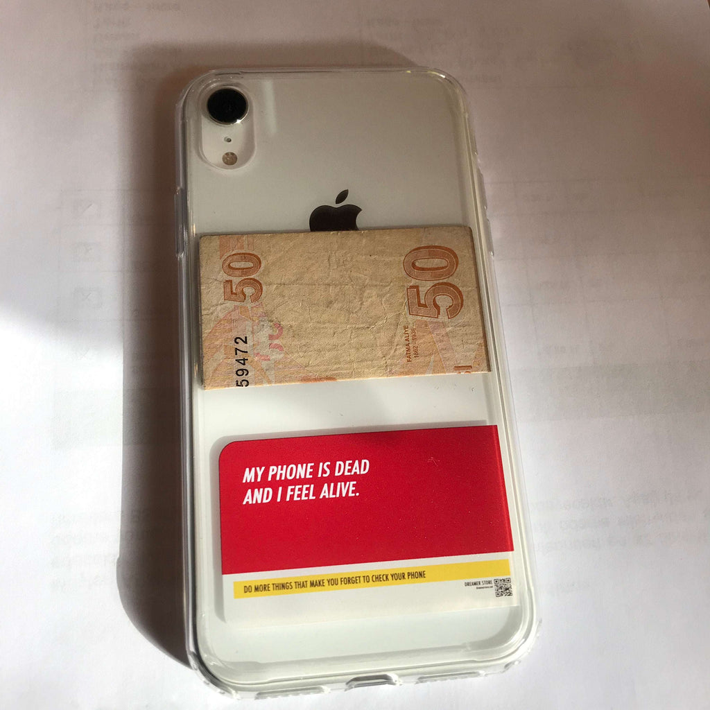 Clear iPhone case with red quote panel, beige design strip, and Apple logo on back