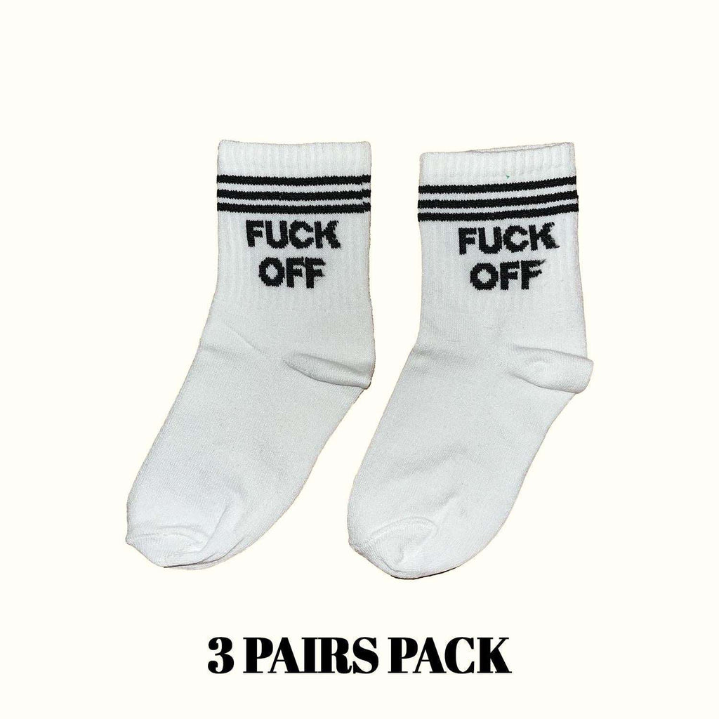 White crew socks set with black stripes and 'FUCK OFF' text, 2-pack view