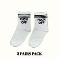 White crew socks set with black stripes and 'FUCK OFF' text, 2-pack view