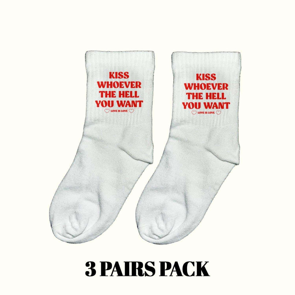 Light gray socks with red "KISS WHOEVER THE HELL YOU WANT" text