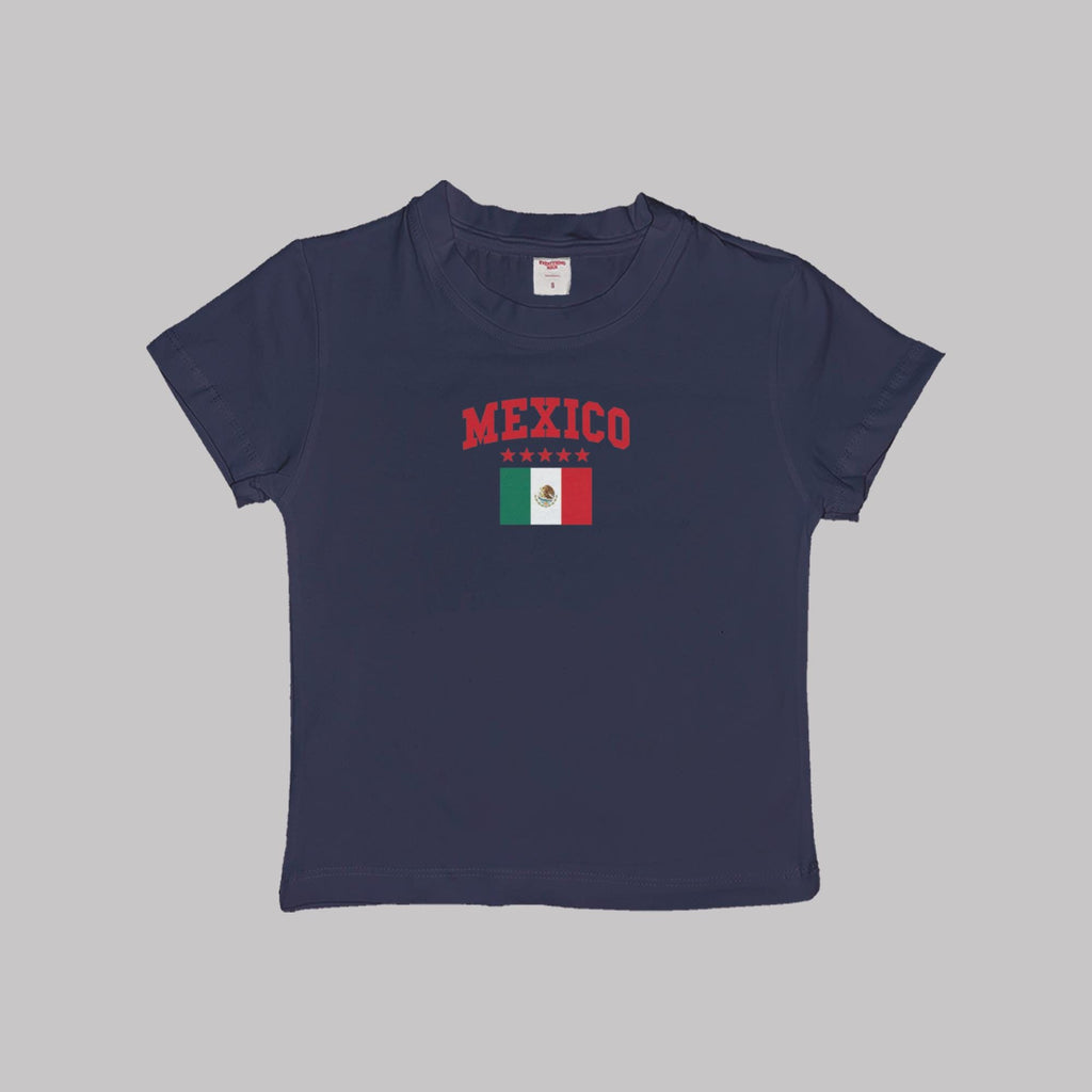 Navy baby crop T-shirt with “MEXICO” print and Mexico flag graphic