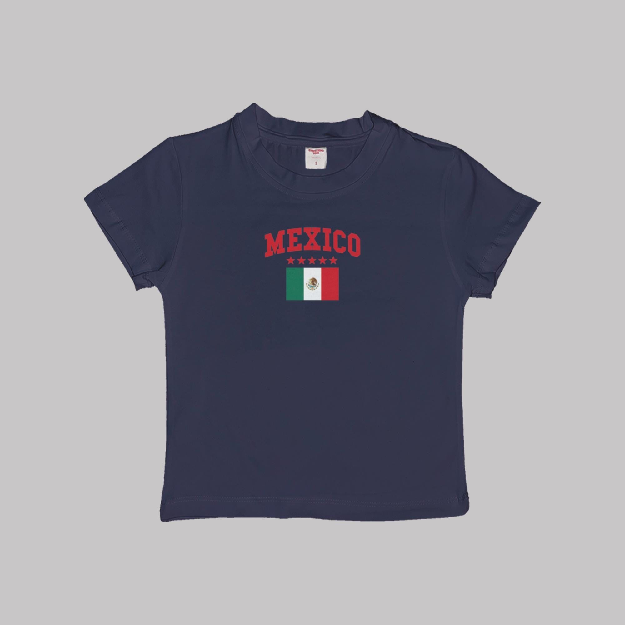 Navy baby crop T-shirt with “MEXICO” print and Mexico flag graphic