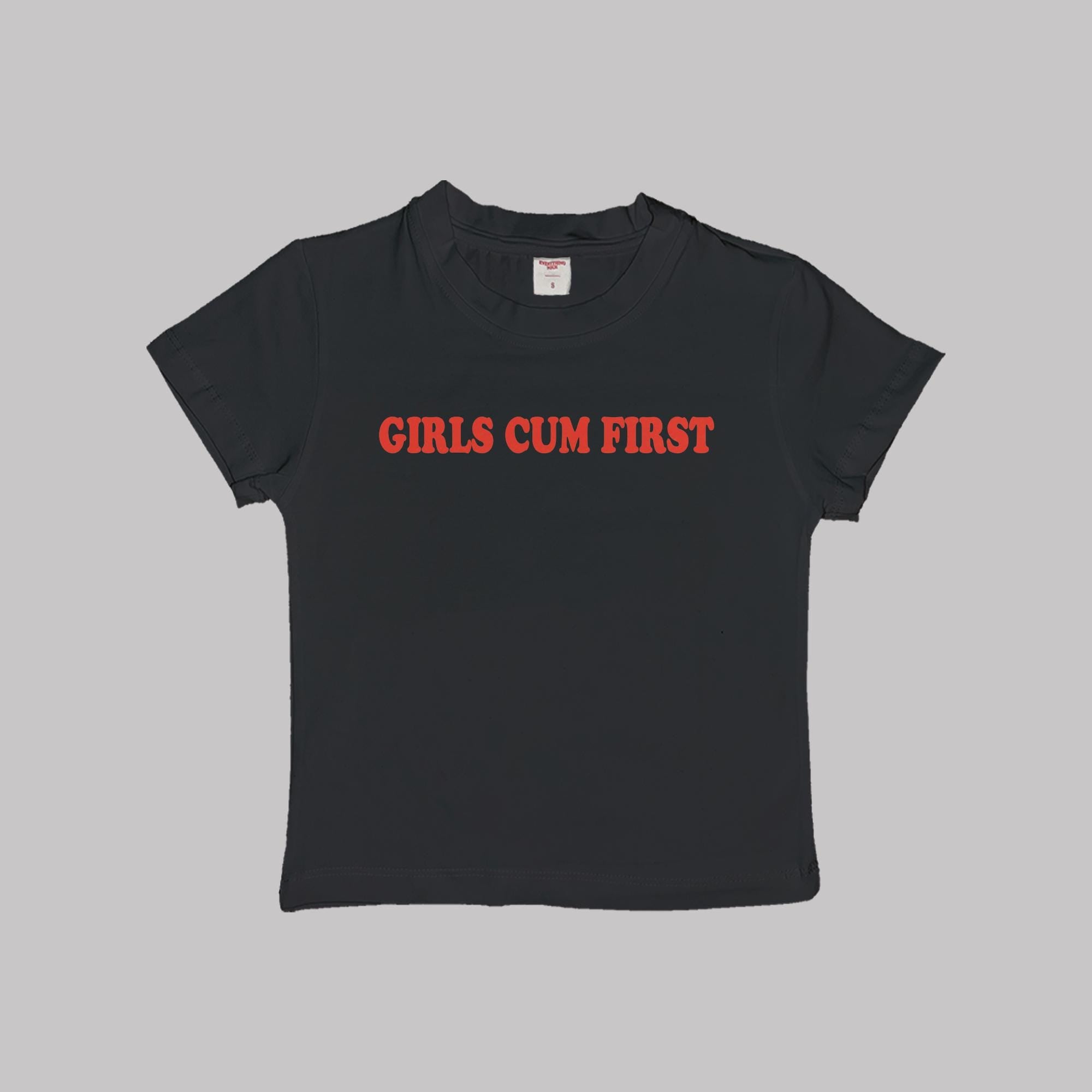 Black girls baby tee crop top with red “GIRLS CUM FIRST” print, crew neck