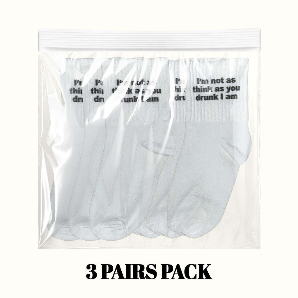 White crew socks multipack with "I'm not drunk" text