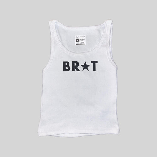 White ribbed muscle tank top, BR★T graphic front, size label at neckline