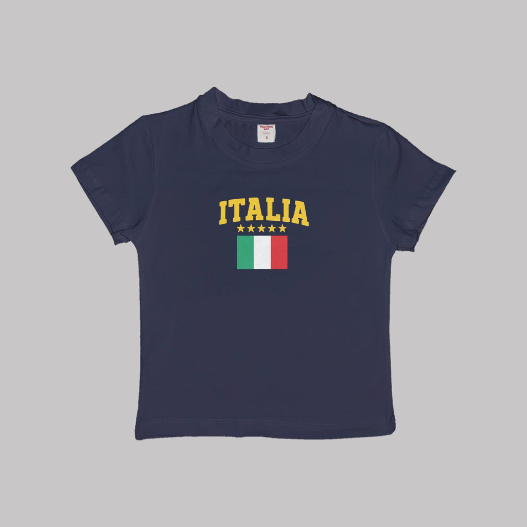 Navy crop baby T-shirt with “ITALIA” text and Italian flag graphic on chest