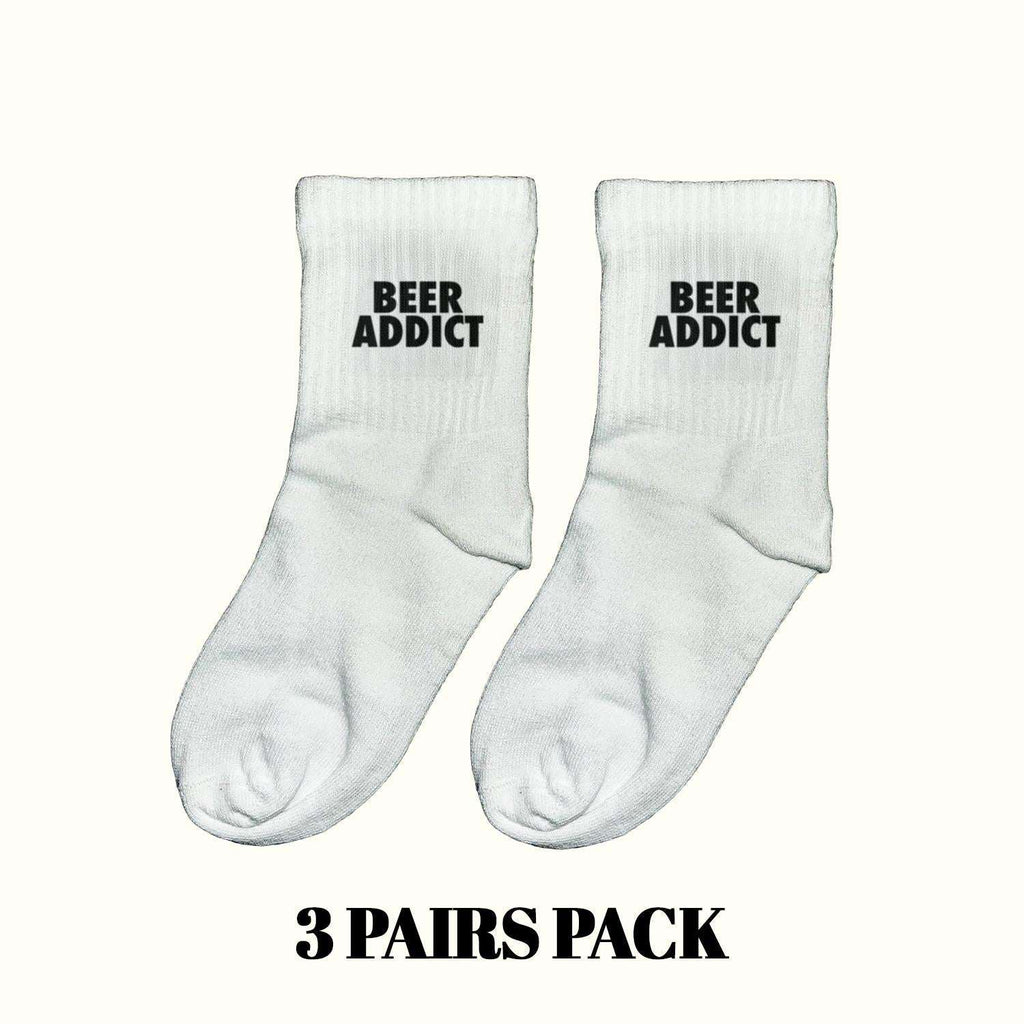 White crew socks with 'BEER ADDICT' text, 3-pairs pack
