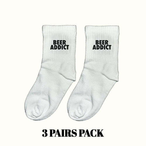 White crew socks with 'BEER ADDICT' text, 3-pairs pack