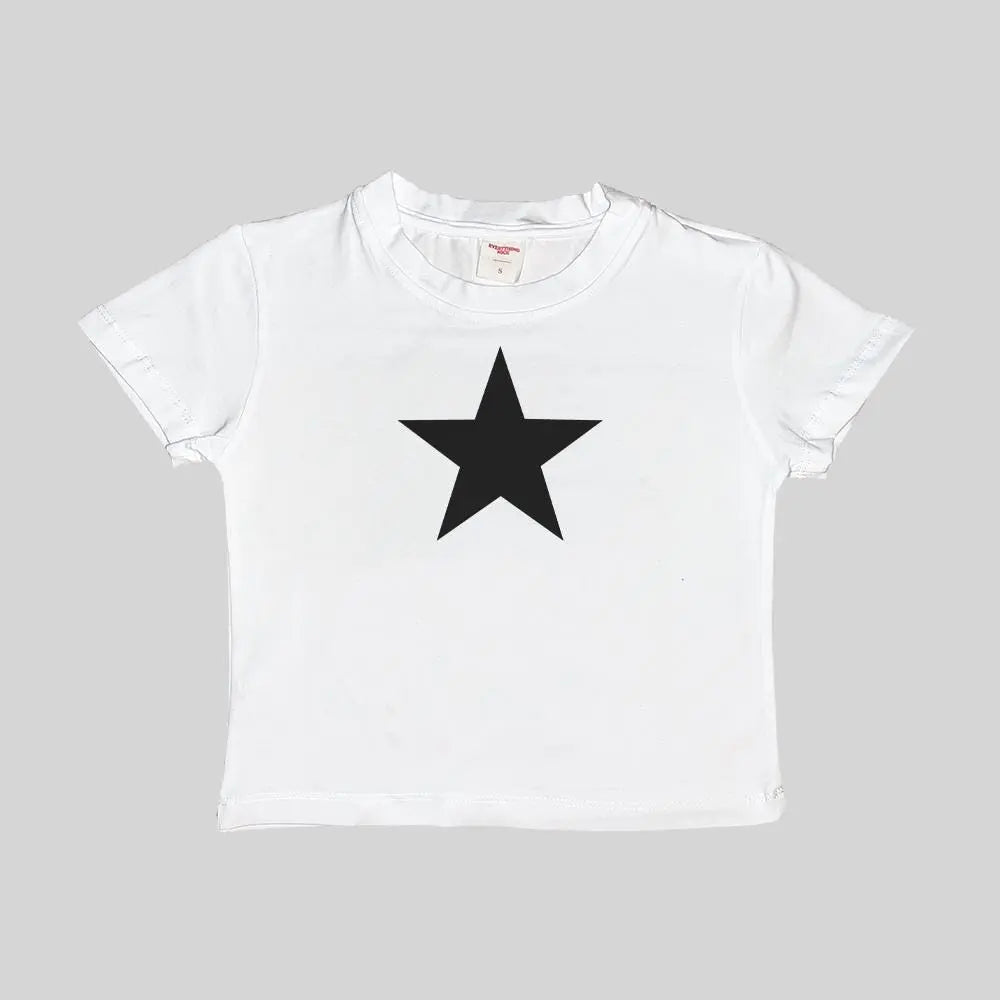 White baby tee with large black star graphic
